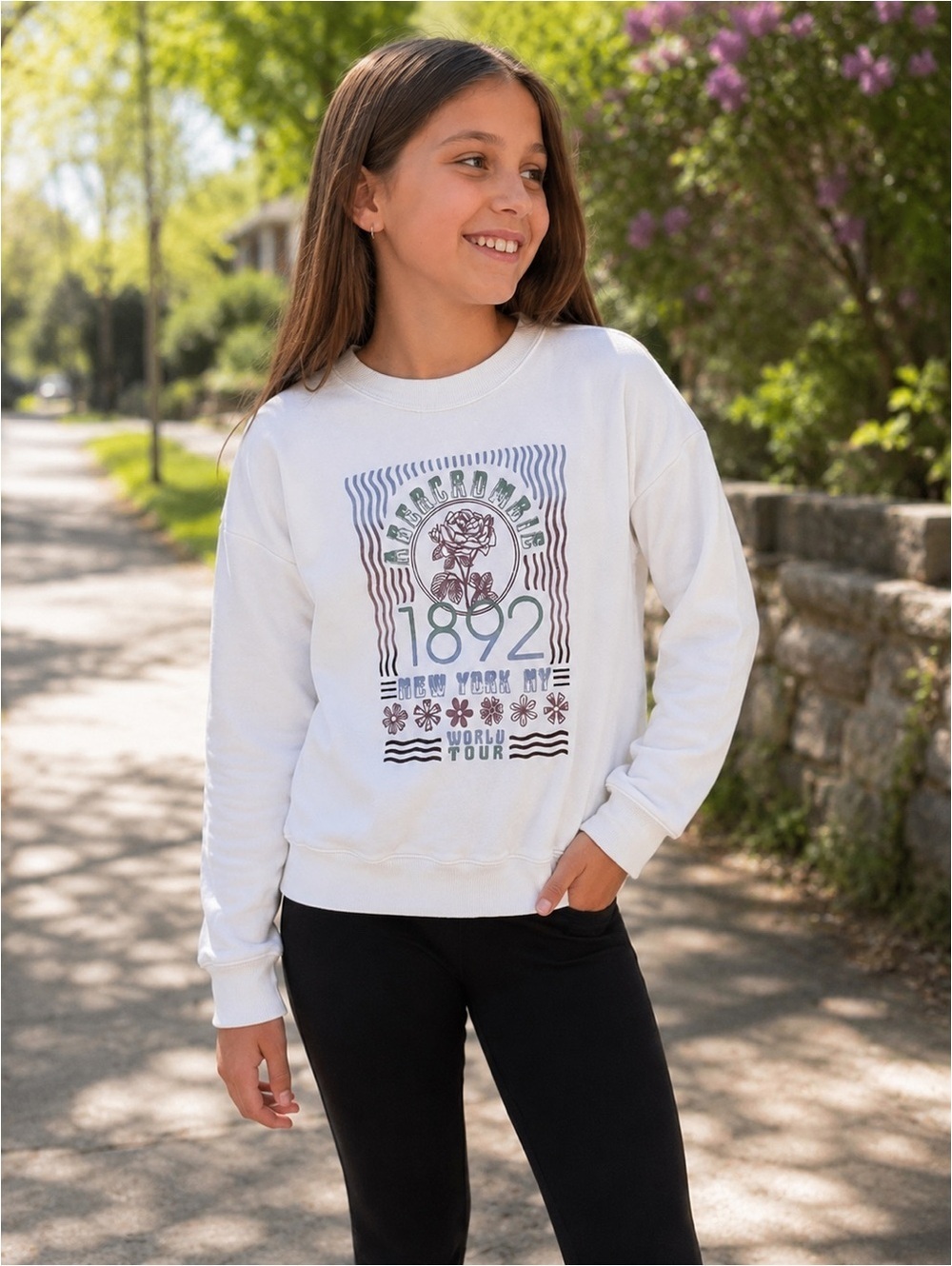 Abercrombie Kids Graphic Sweatshirt Girls Size 9/10 White Pullover